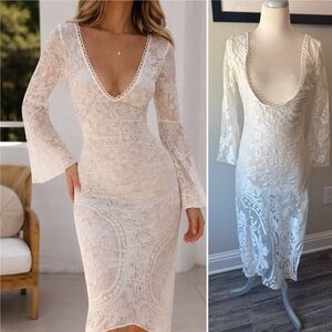 White Lace Midi Dress | Bell Sleeves | Deep V Neck | Boho Romantic